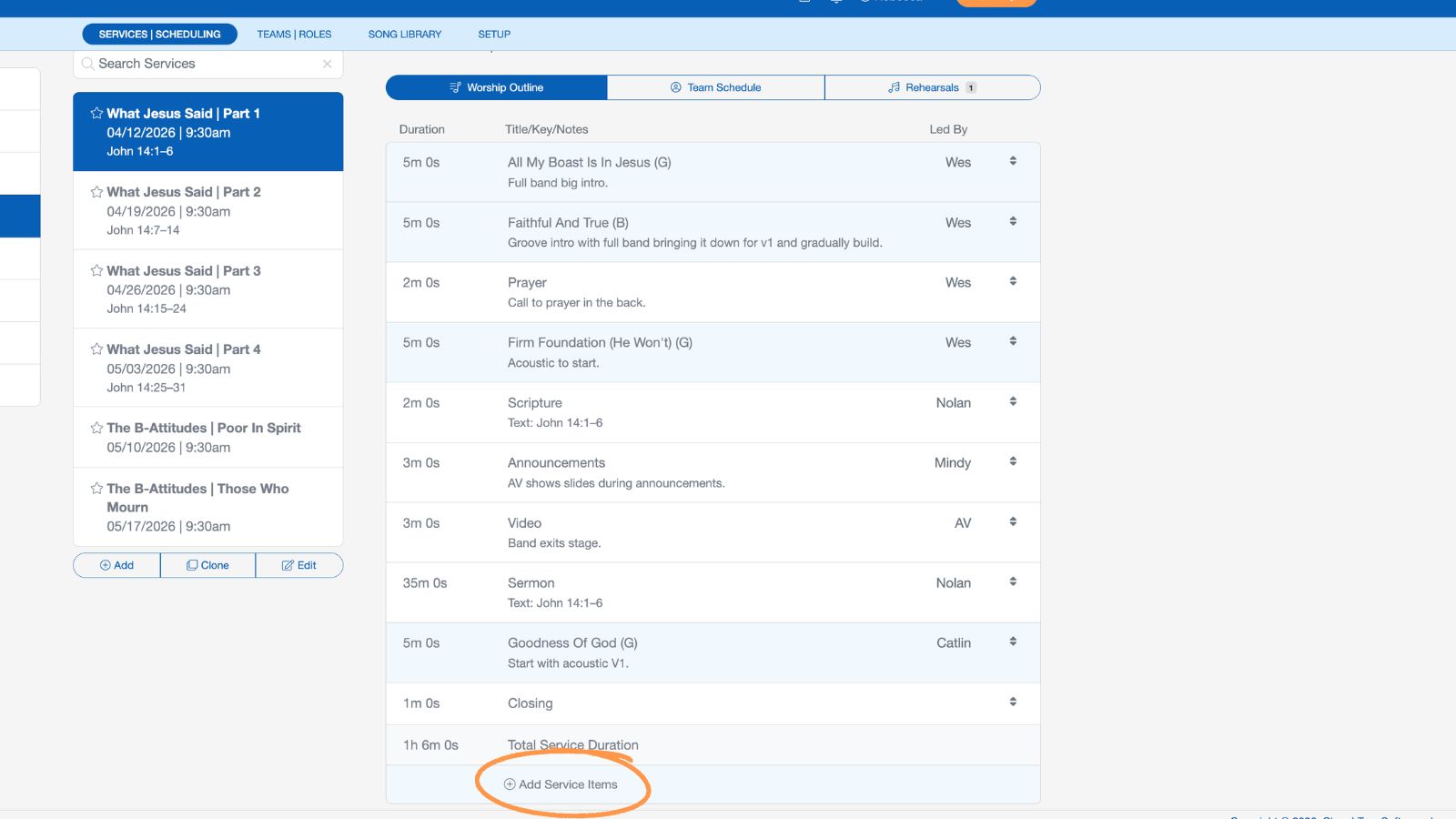 Support Worship Scheduling Setup Service Elements 2
