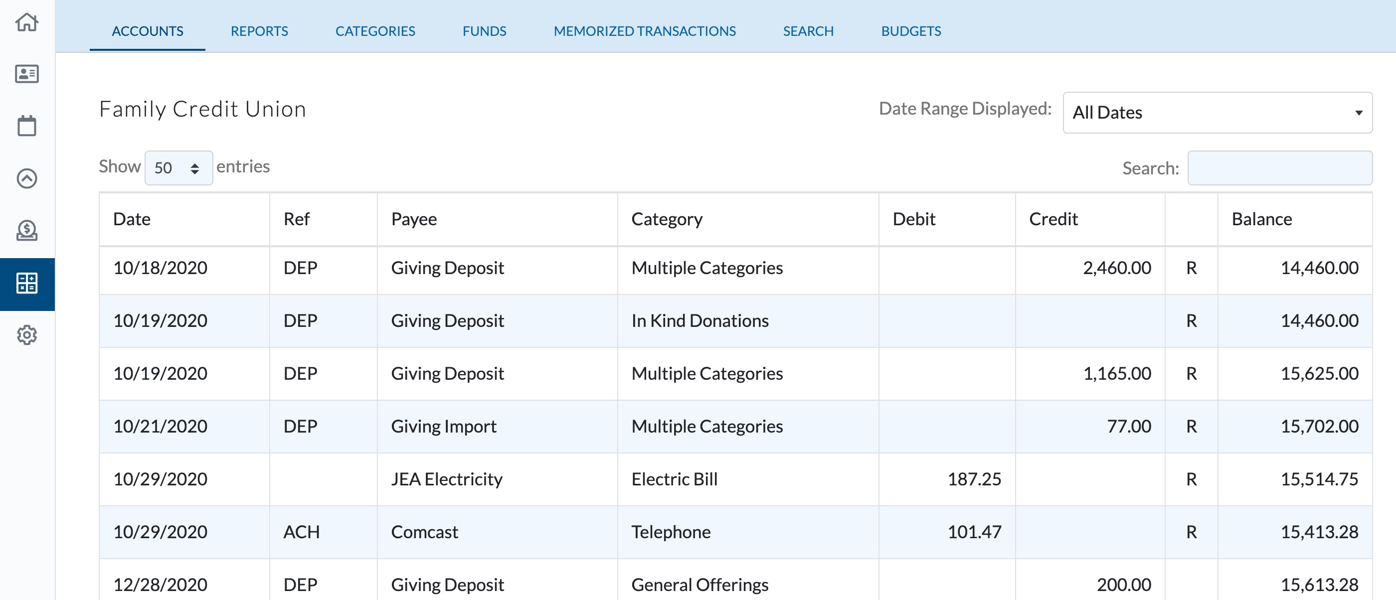ChurchTrac accounting register with transactions