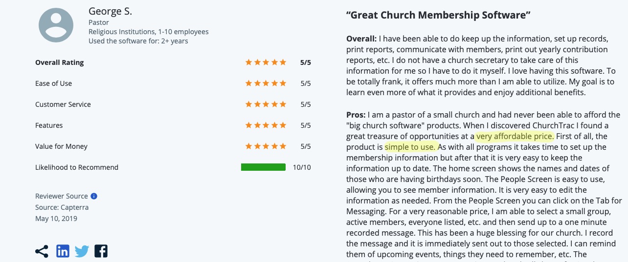 Capterra review of ChurchTrac