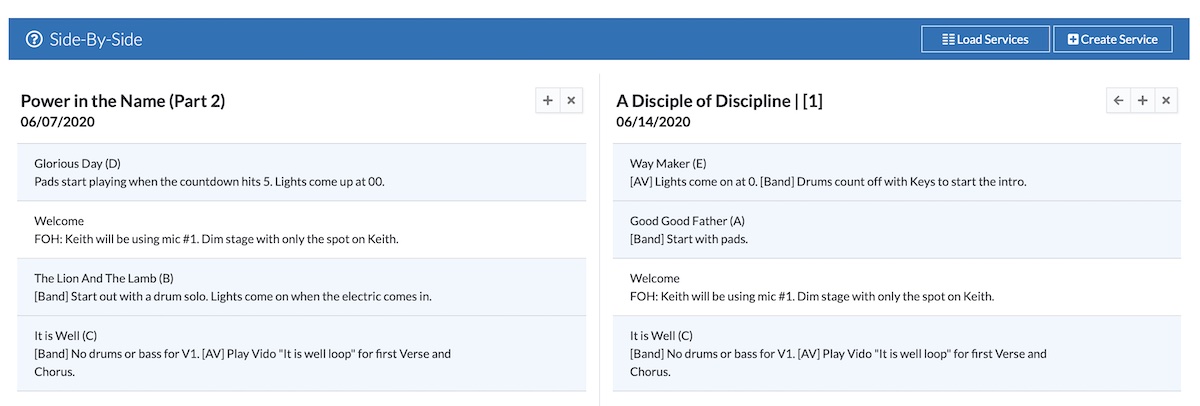 ChurchTrac Side-by-Side worship service planning
