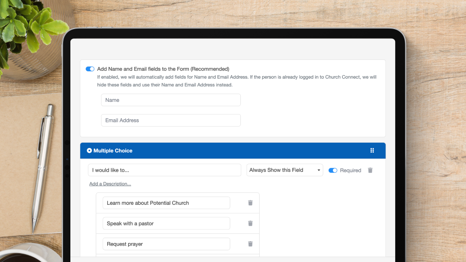 Custom church form builder on tablet