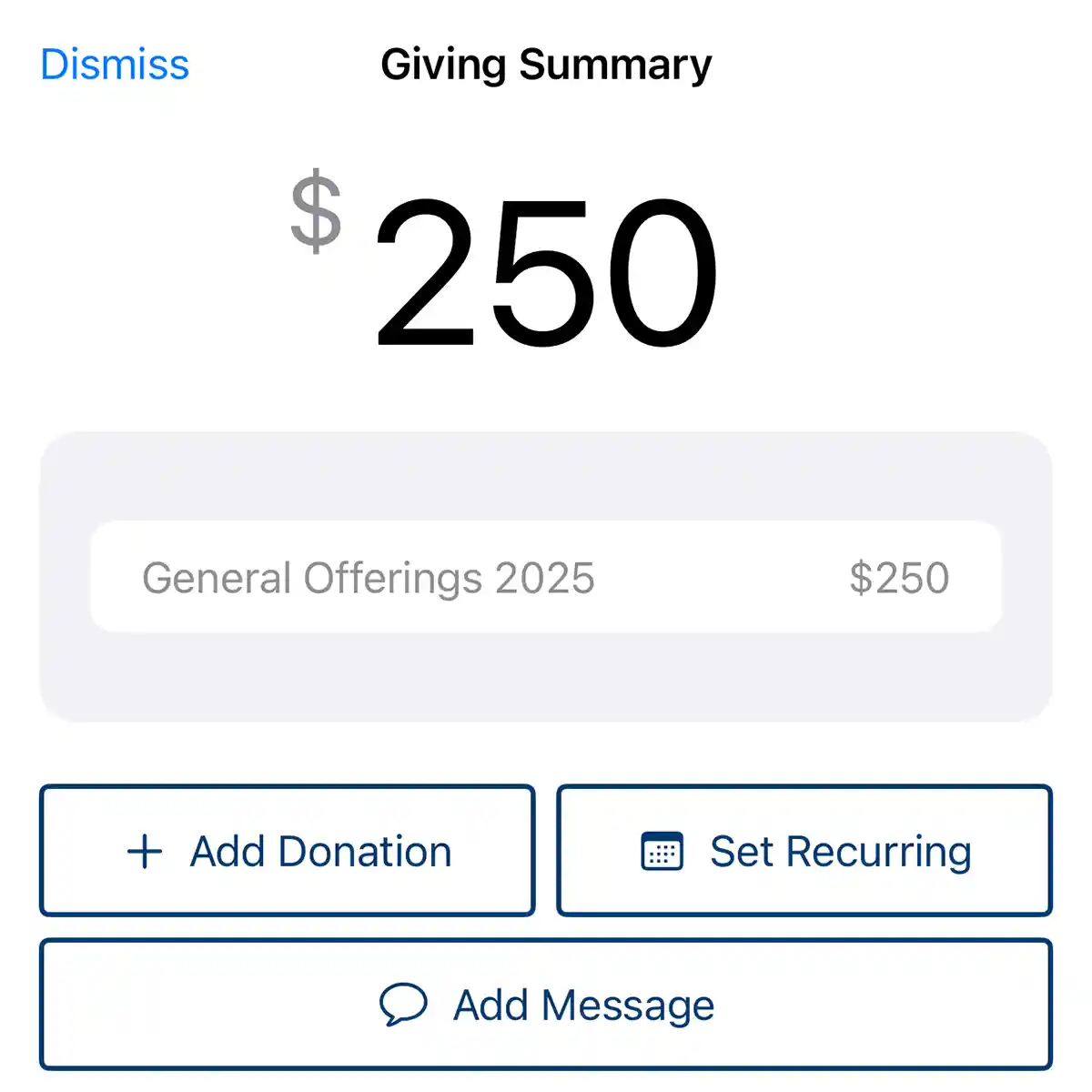 Giving summary showing a $250 donation
