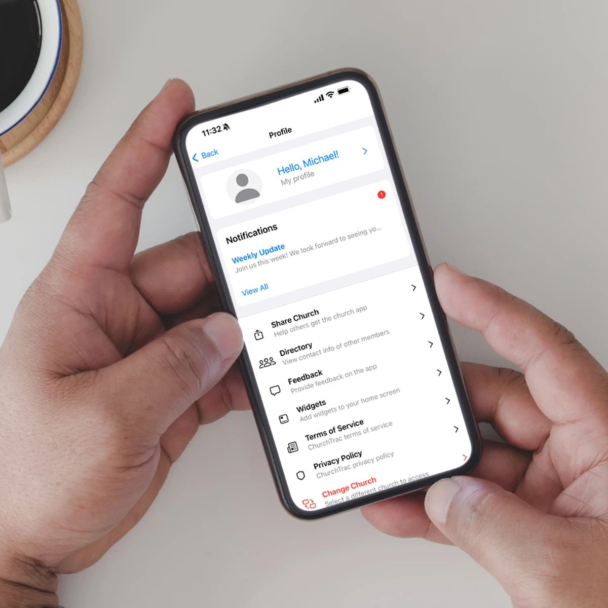 Connect app profile and menu screen