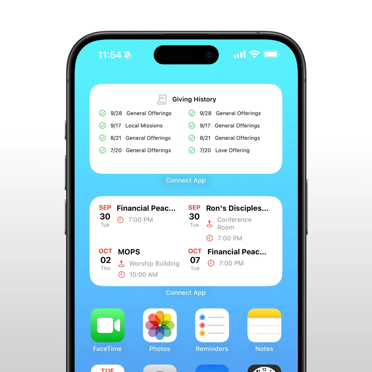 Phone home screen with Connect app widgets