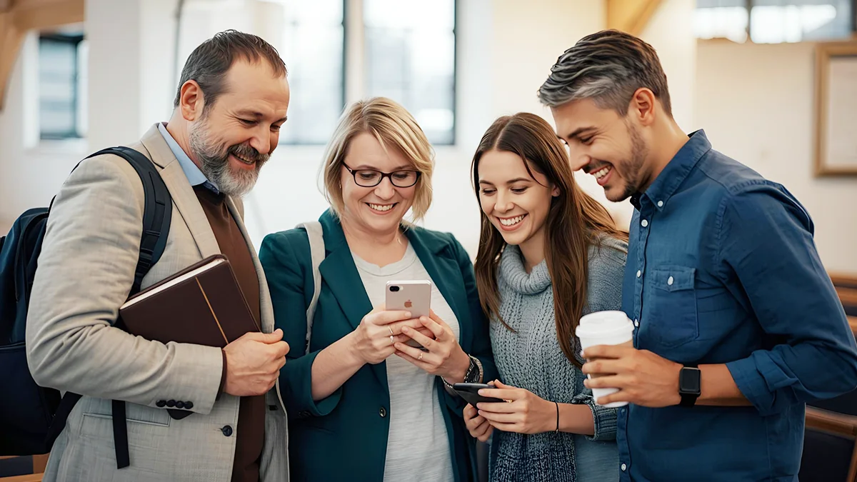 Group of churchgoers viewing the Connect app