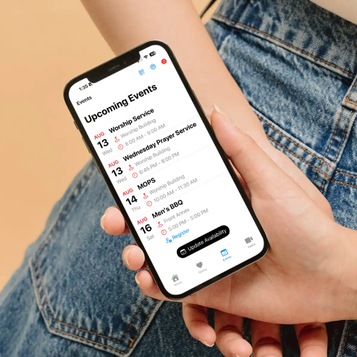 Upcoming events screen on phone