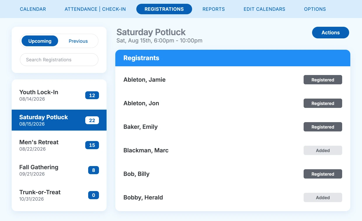 The ChurchTrac Events screen showing upcoming events and a registrant list