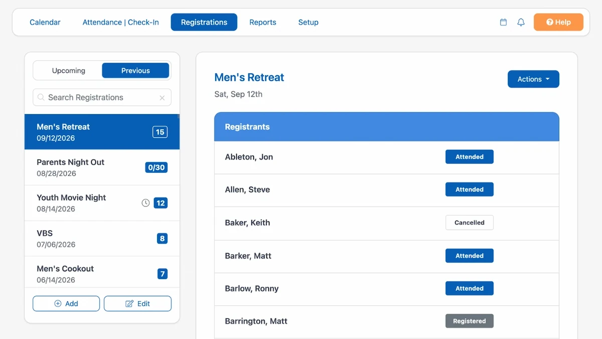 The ChurchTrac Events screen showing upcoming events and a registrant list