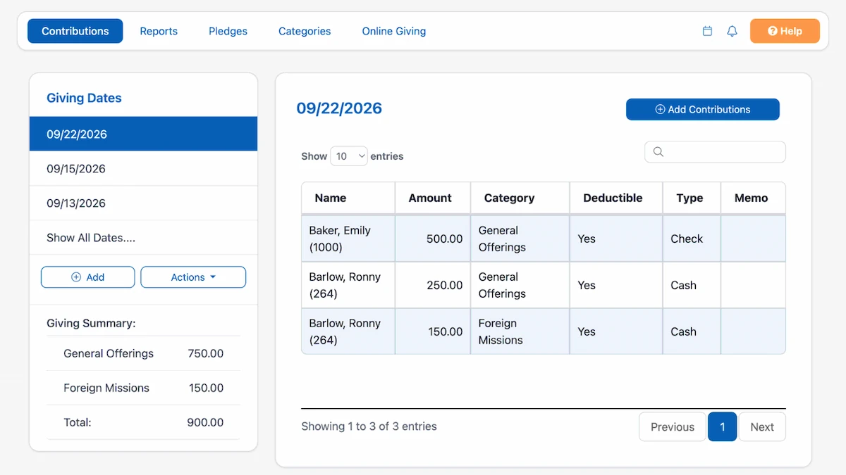 The ChurchTrac Giving screen showing a batch of contributions and a giving summary