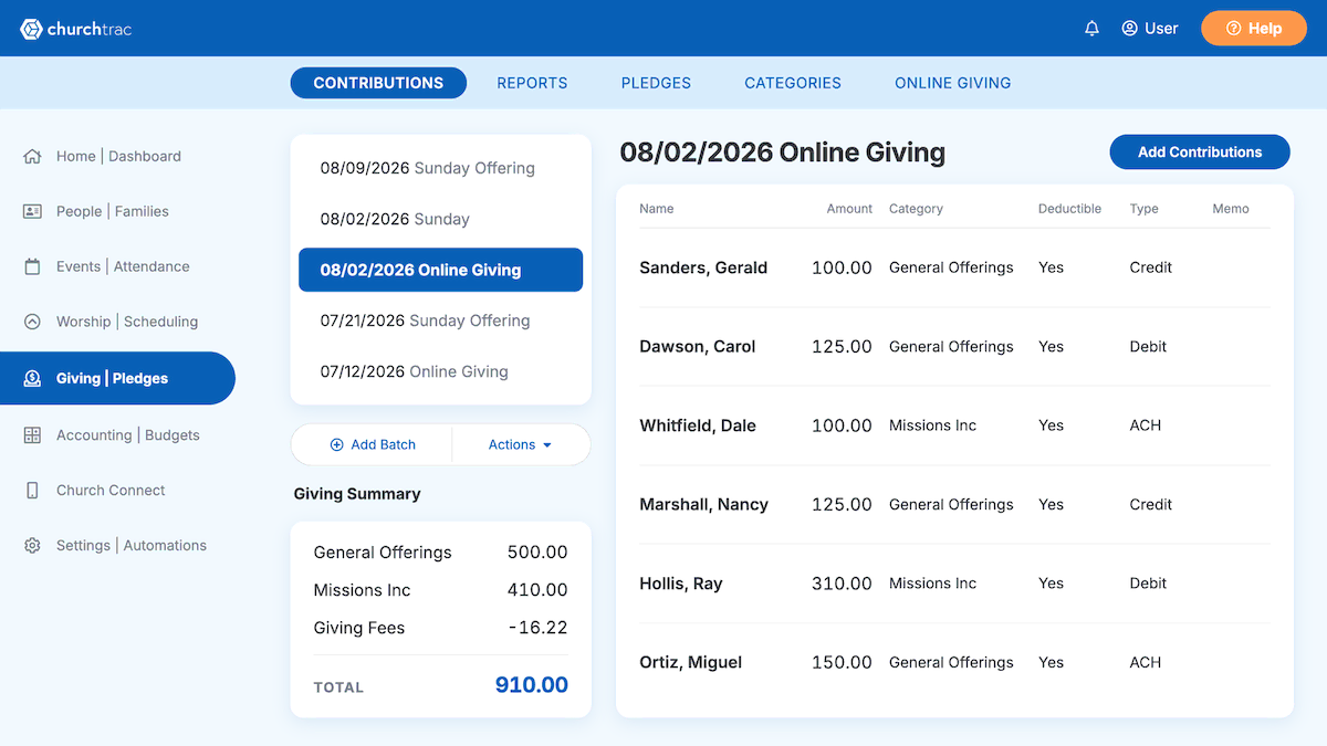 The ChurchTrac Giving screen showing a batch of contributions and a giving summary