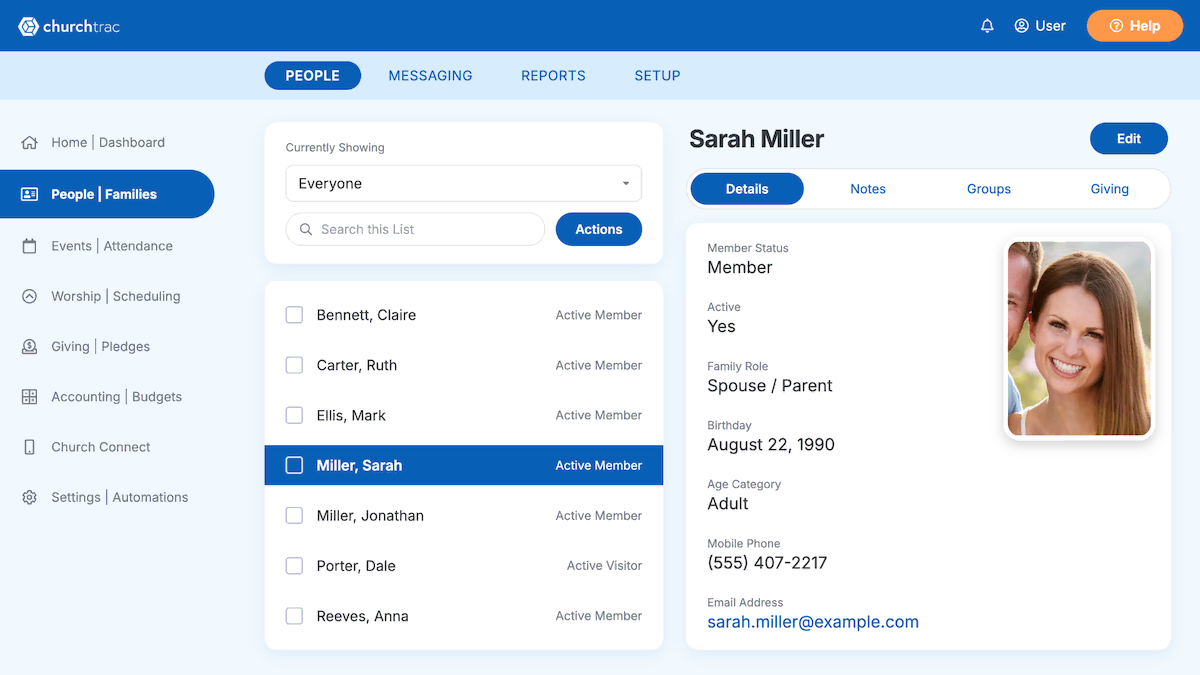 The ChurchTrac People screen showing a member list and a member profile