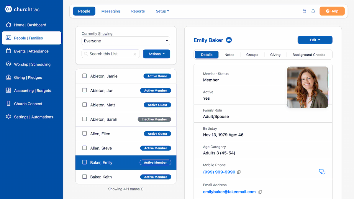 The ChurchTrac People screen showing a member list and a member profile
