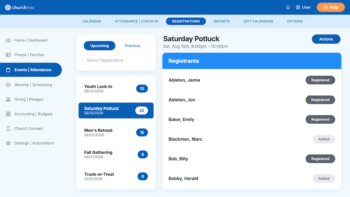 The ChurchTrac Events registrations screen showing upcoming events and the registrant list for a church potluck