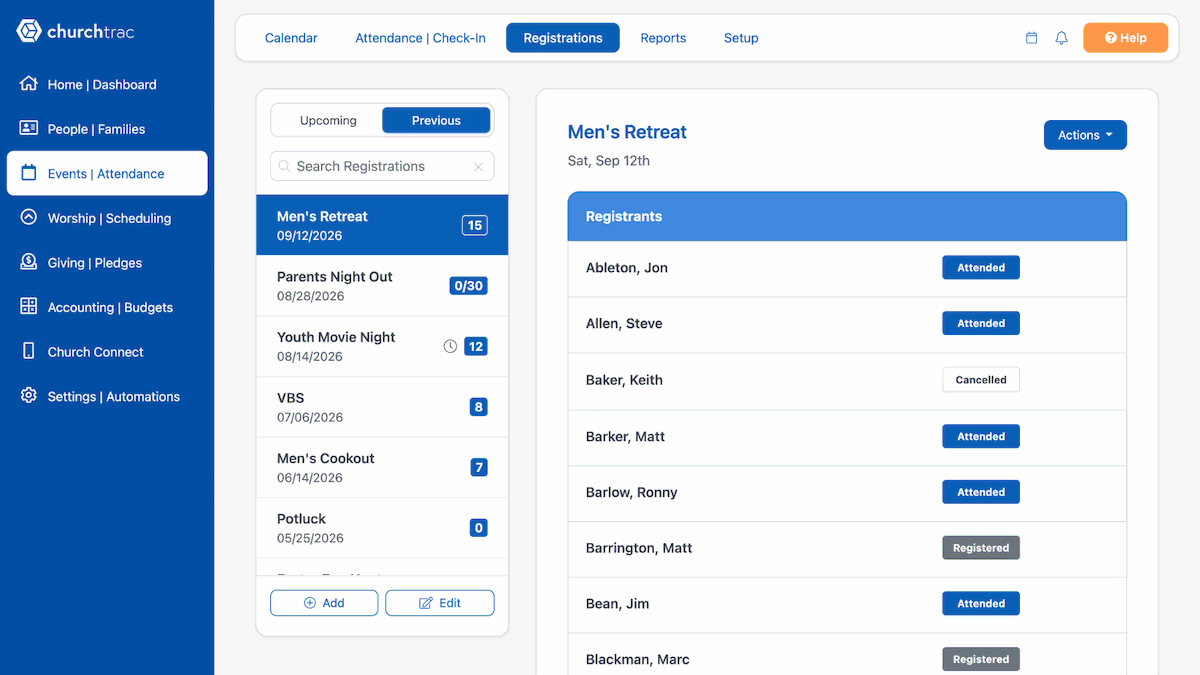 The ChurchTrac Events registrations screen showing upcoming events and the registrant list for a church potluck