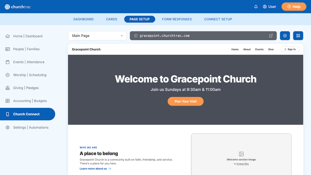 The ChurchTrac Church Connect page setup screen showing a church website with a welcome banner and a Plan Your Visit button