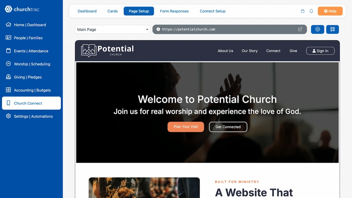 The ChurchTrac Church Connect page setup screen showing a church website with a welcome banner and a Plan Your Visit button