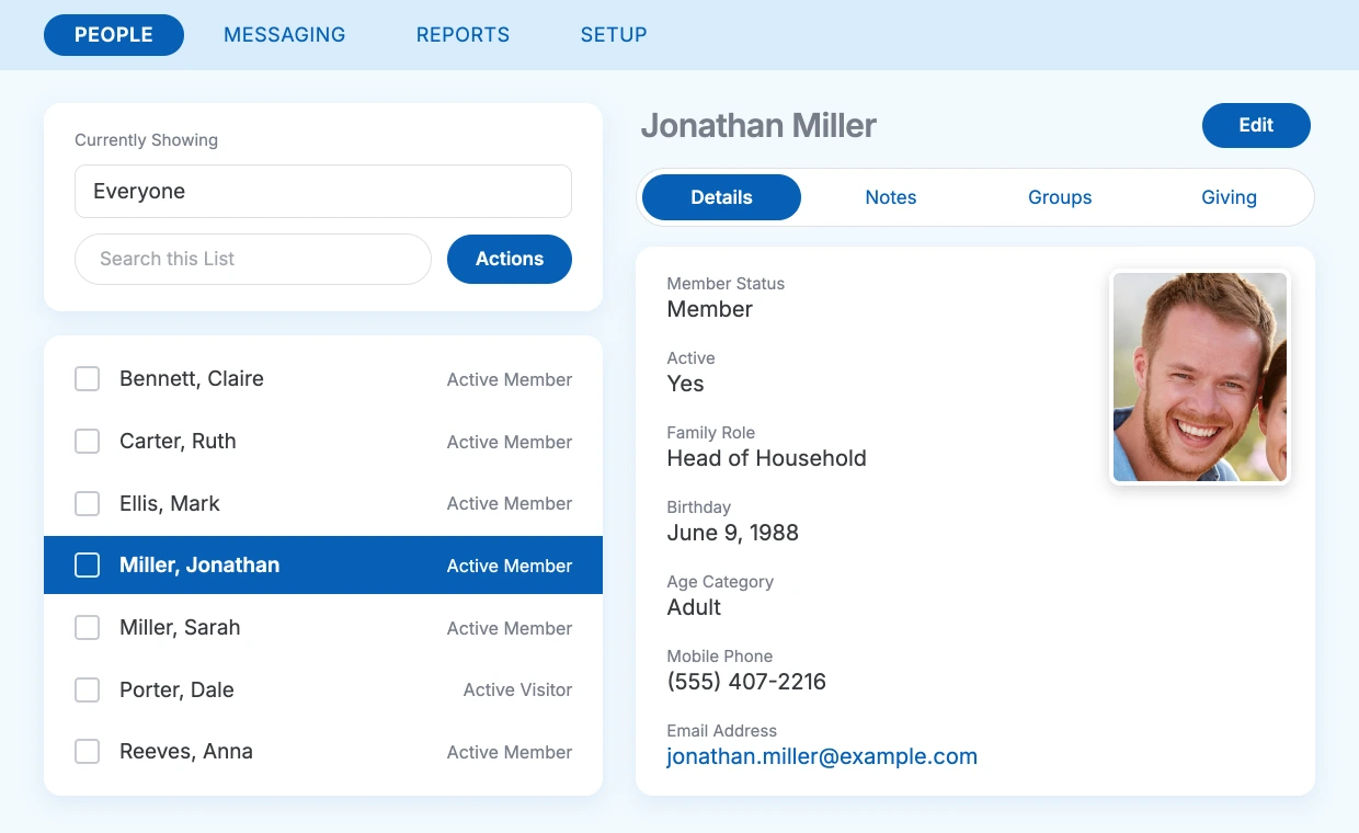 The ChurchTrac People screen showing a member list and a member profile