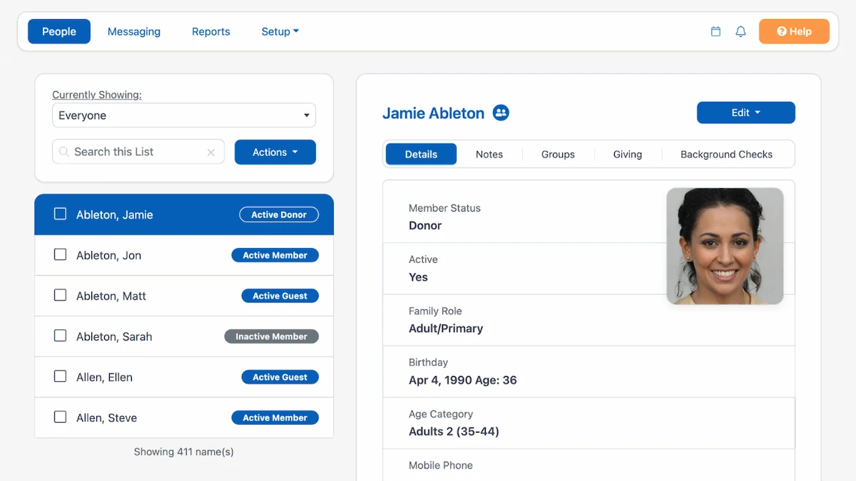The ChurchTrac People screen showing a member list and a member profile