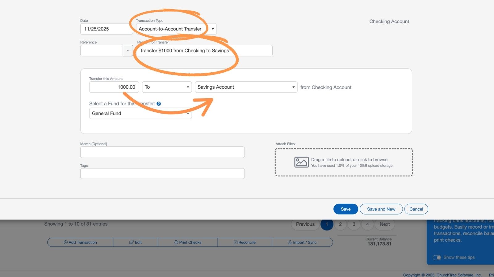 Church Accounting Account Transfer