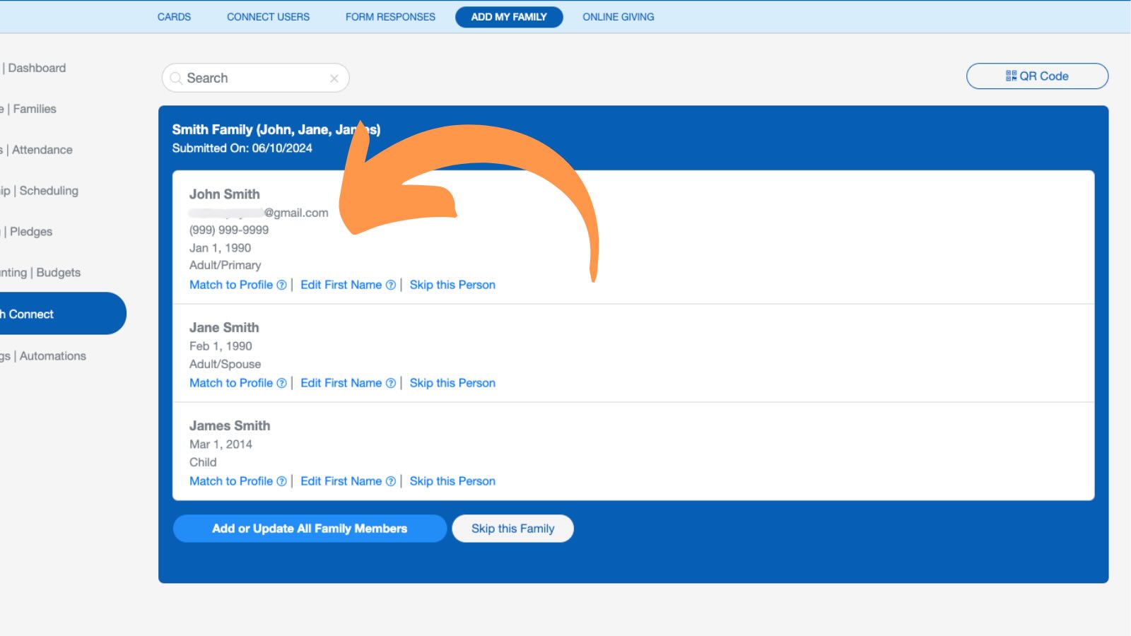 Add My Family lets you update your church database quickly and easily