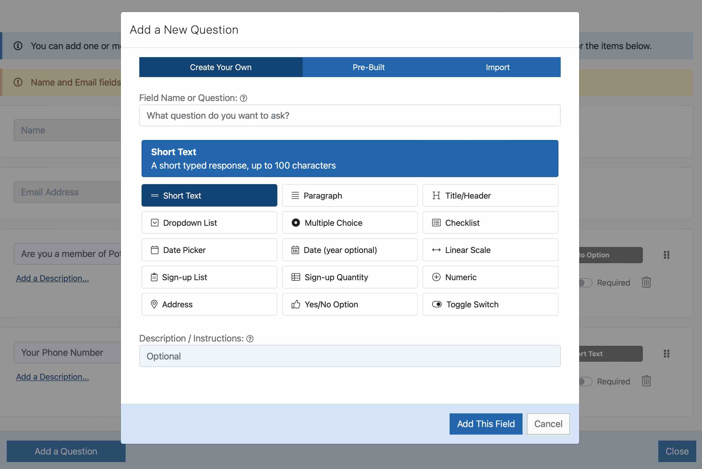 Church Registrations Form Questions