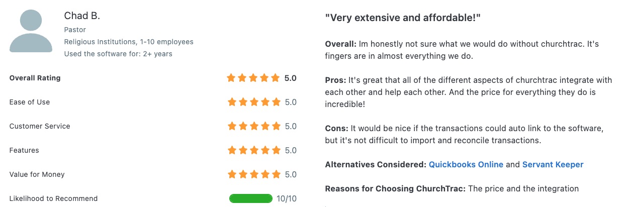 Reviews for ChurchTrac vs Servant Keeper are much higher