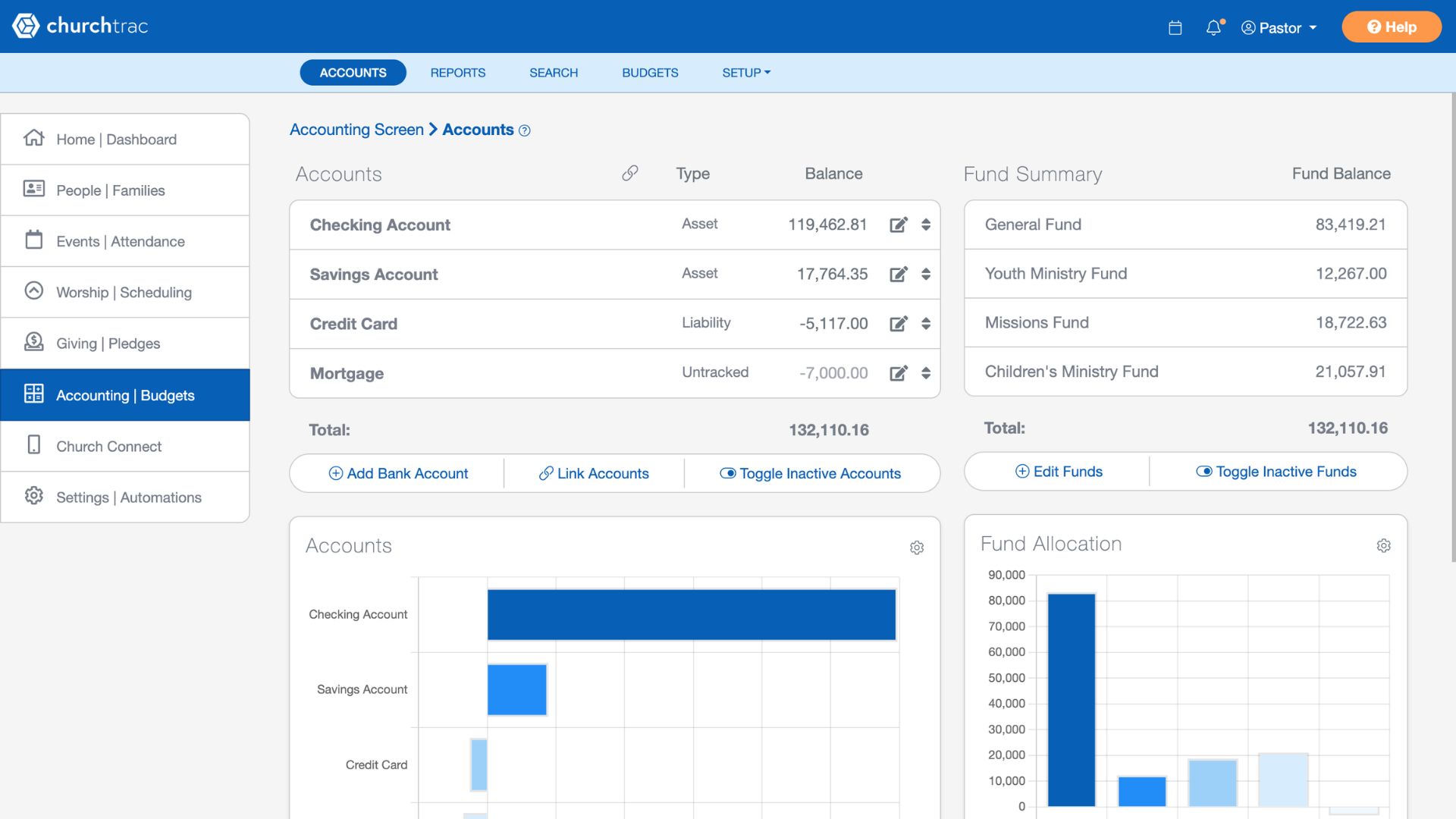 The ChurchTrac accounting screen showing fund balances and recent transactions