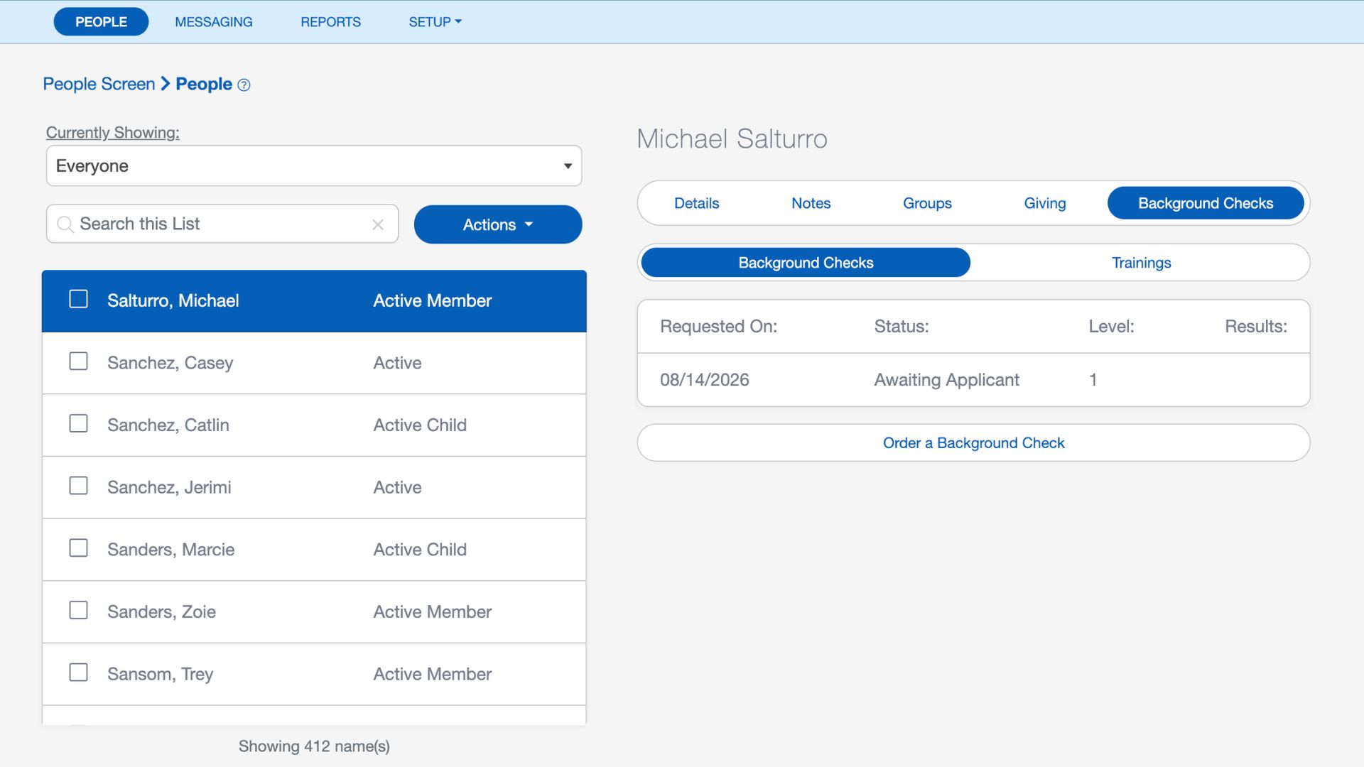 Volunteer background check statuses from the MinistrySafe integration