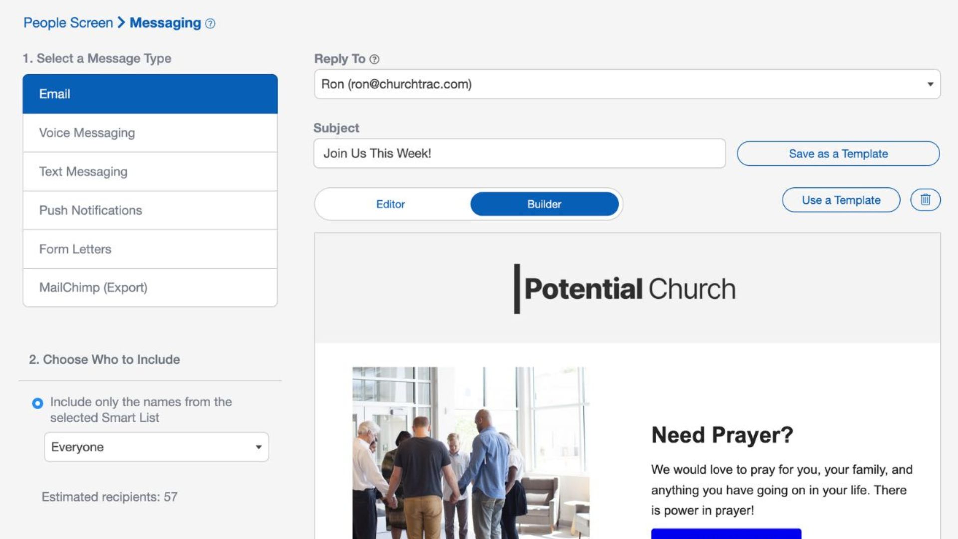 The ChurchTrac email newsletter builder with a template open