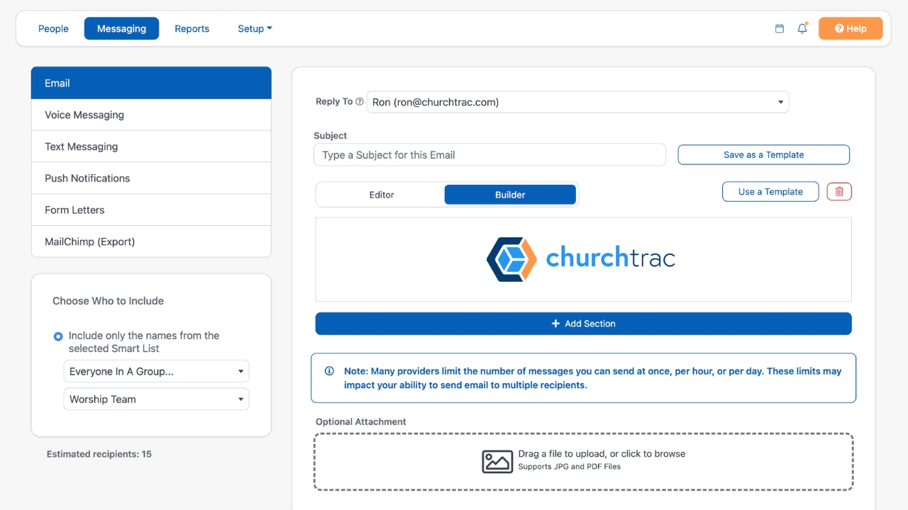 The ChurchTrac email newsletter builder with a template open
