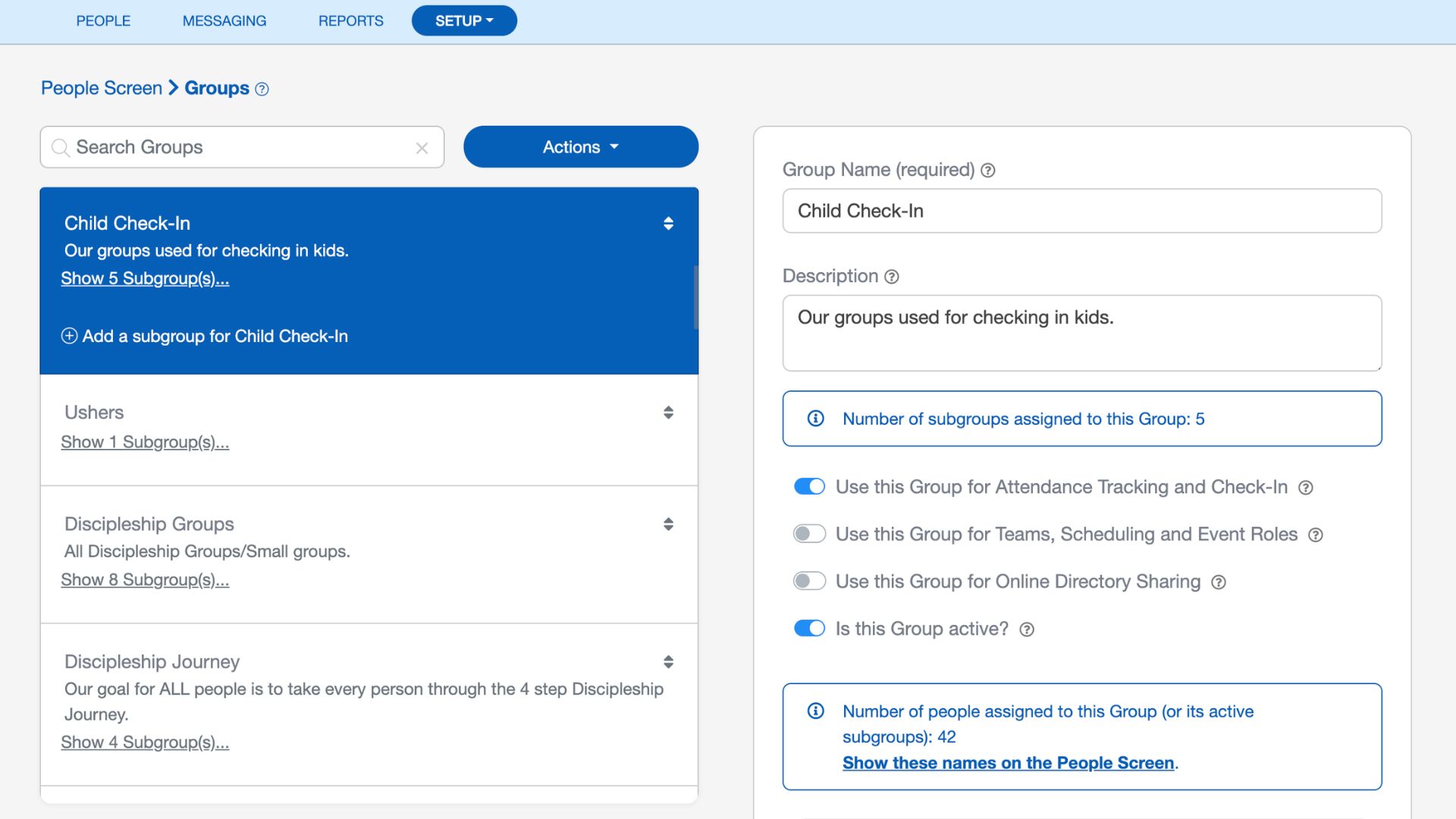 A ChurchTrac member profile showing group membership and custom fields