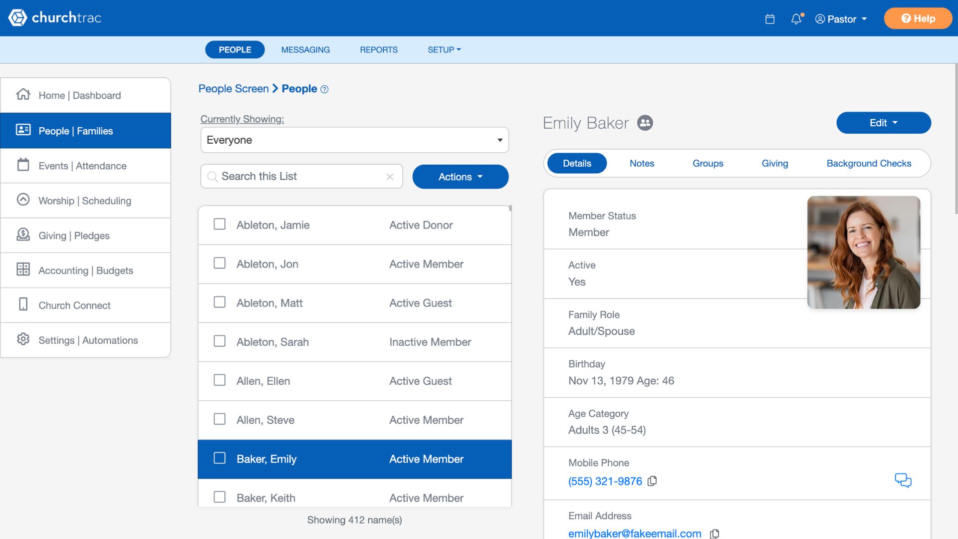 The ChurchTrac People screen showing a church member list