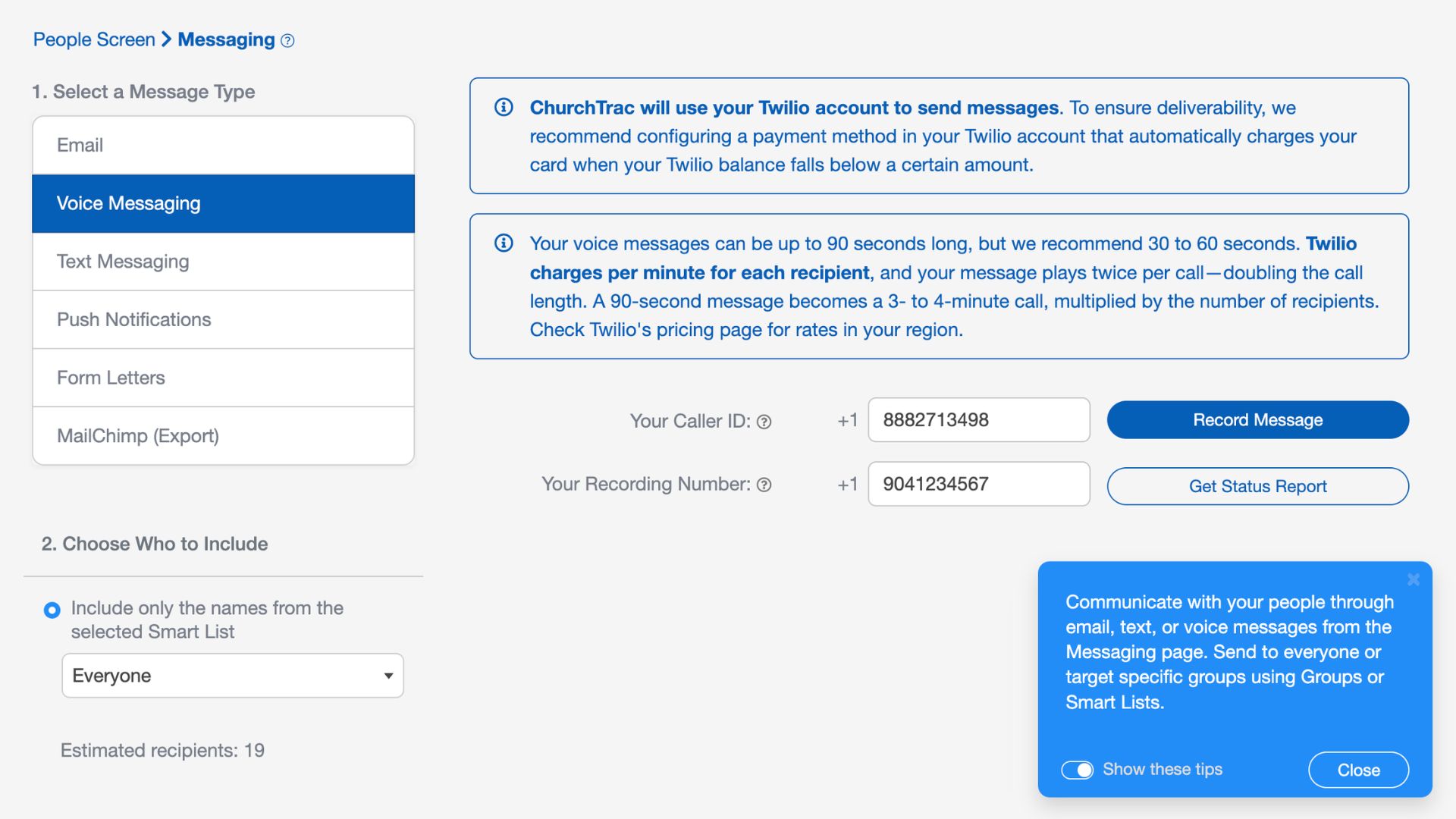 A mass voice message being sent to a church group