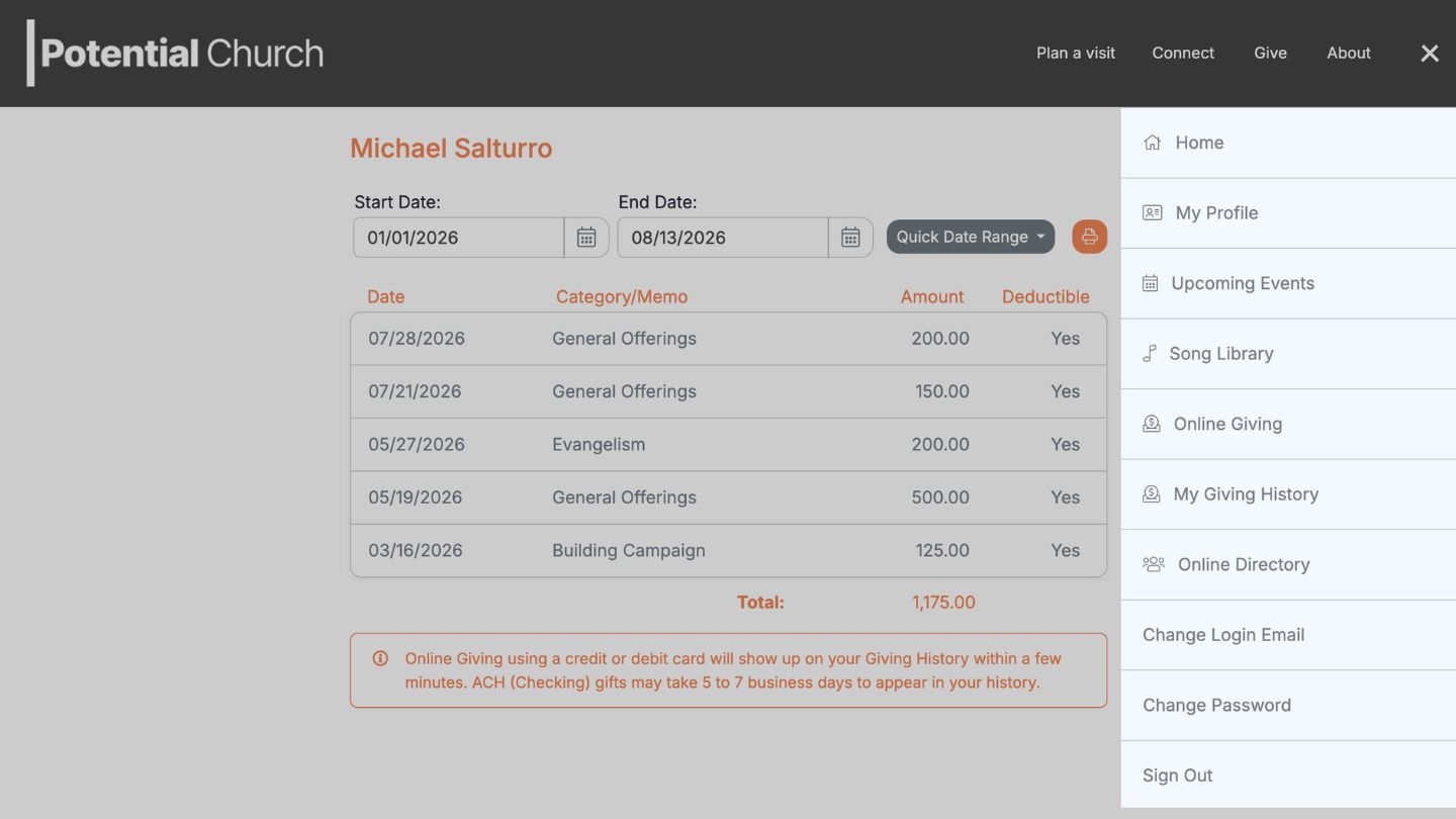 The Church Connect member portal after a member logs in
