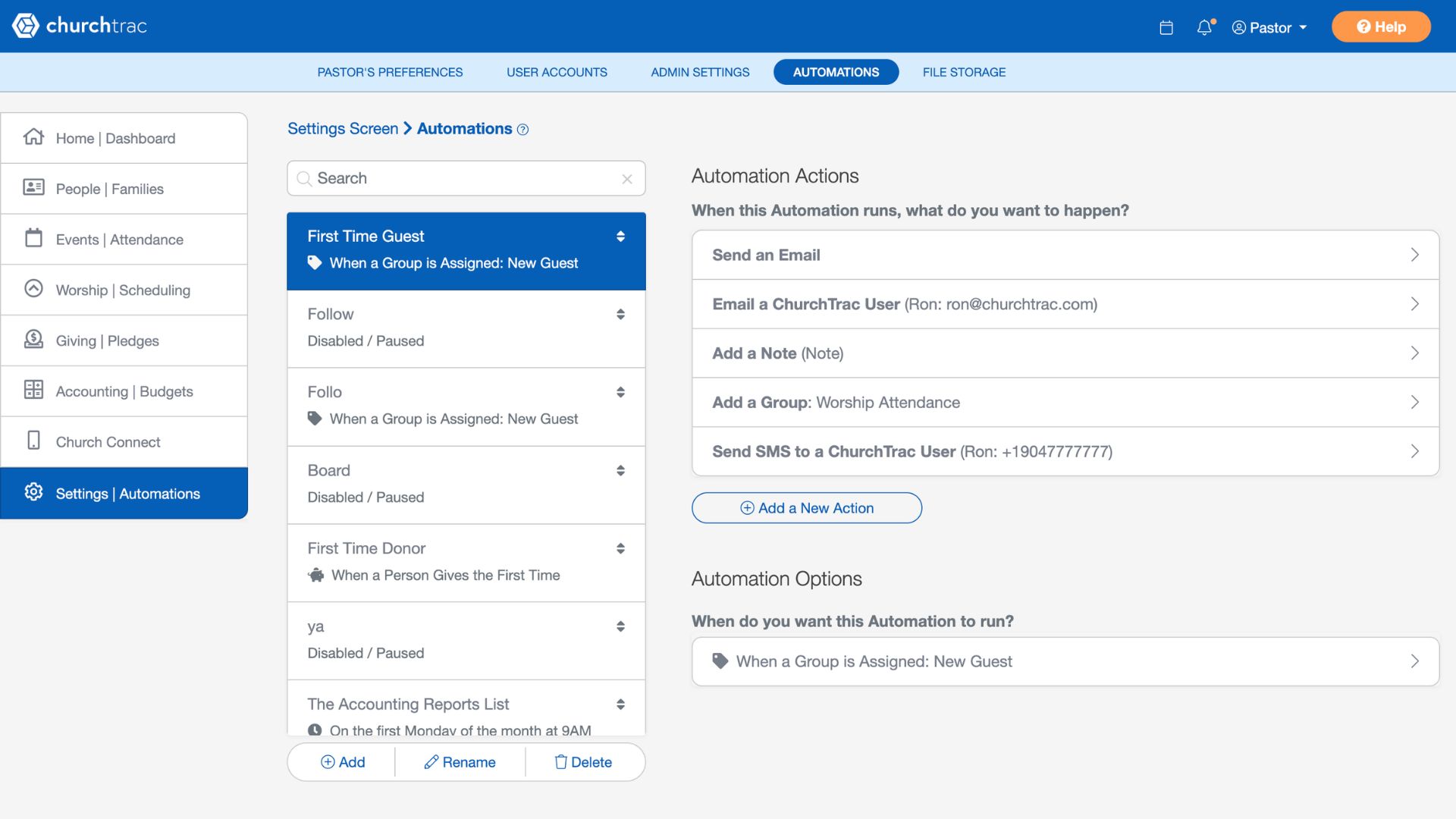 A guest follow-up automation sequence in ChurchTrac