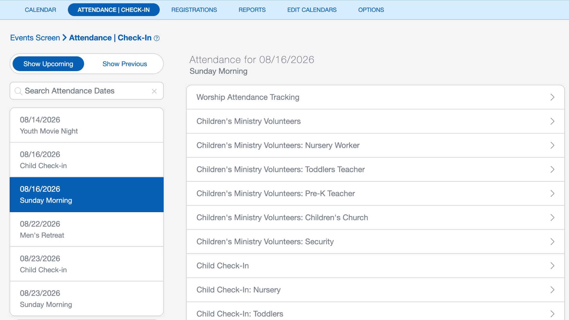 An attendance trend report for a children's ministry in ChurchTrac