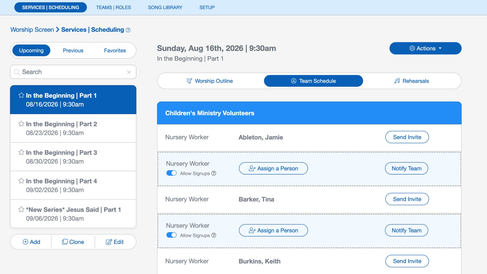 A nursery worker schedule with volunteer assignments in ChurchTrac