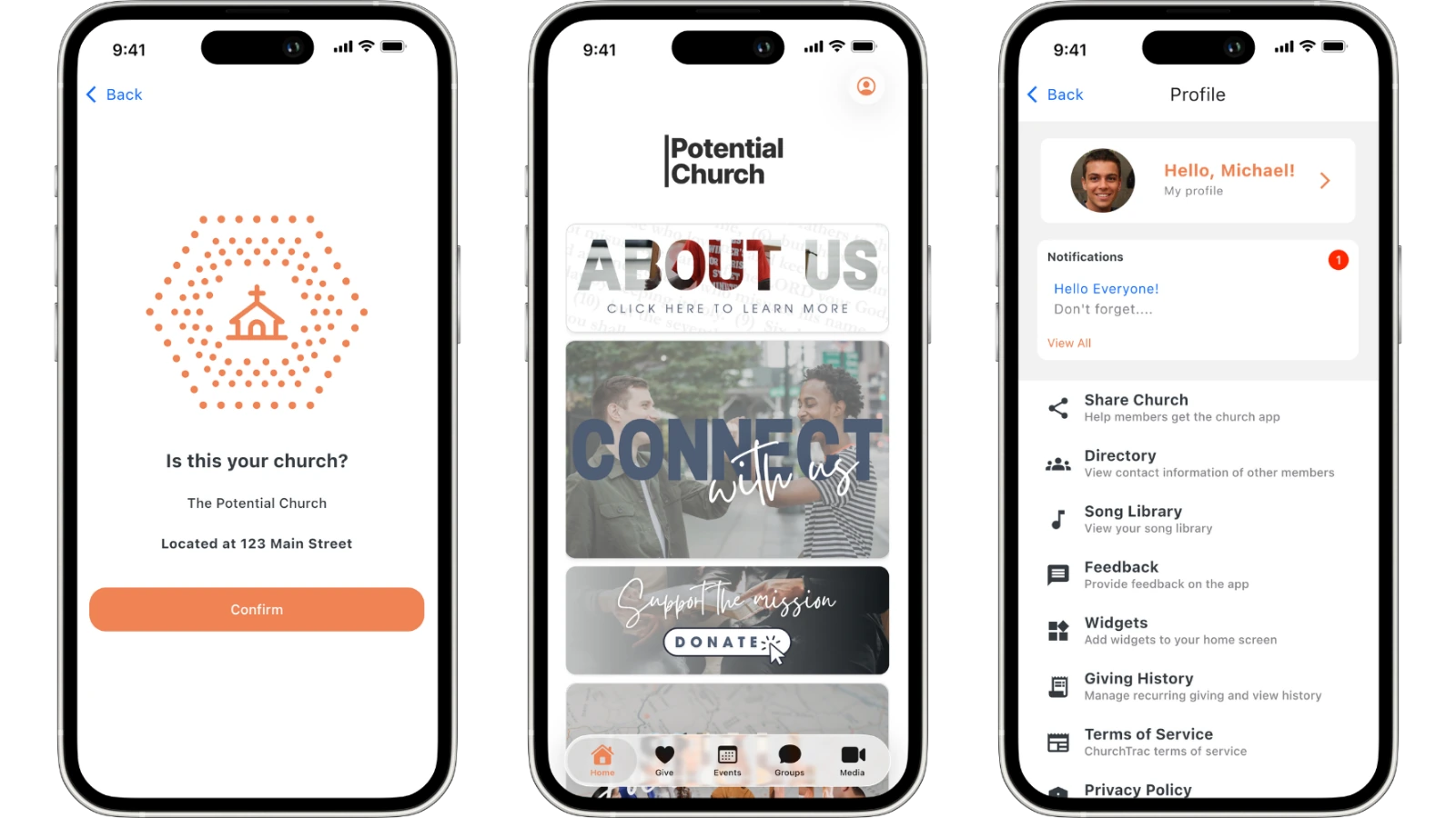 The Church Connect member portal after a member logs in