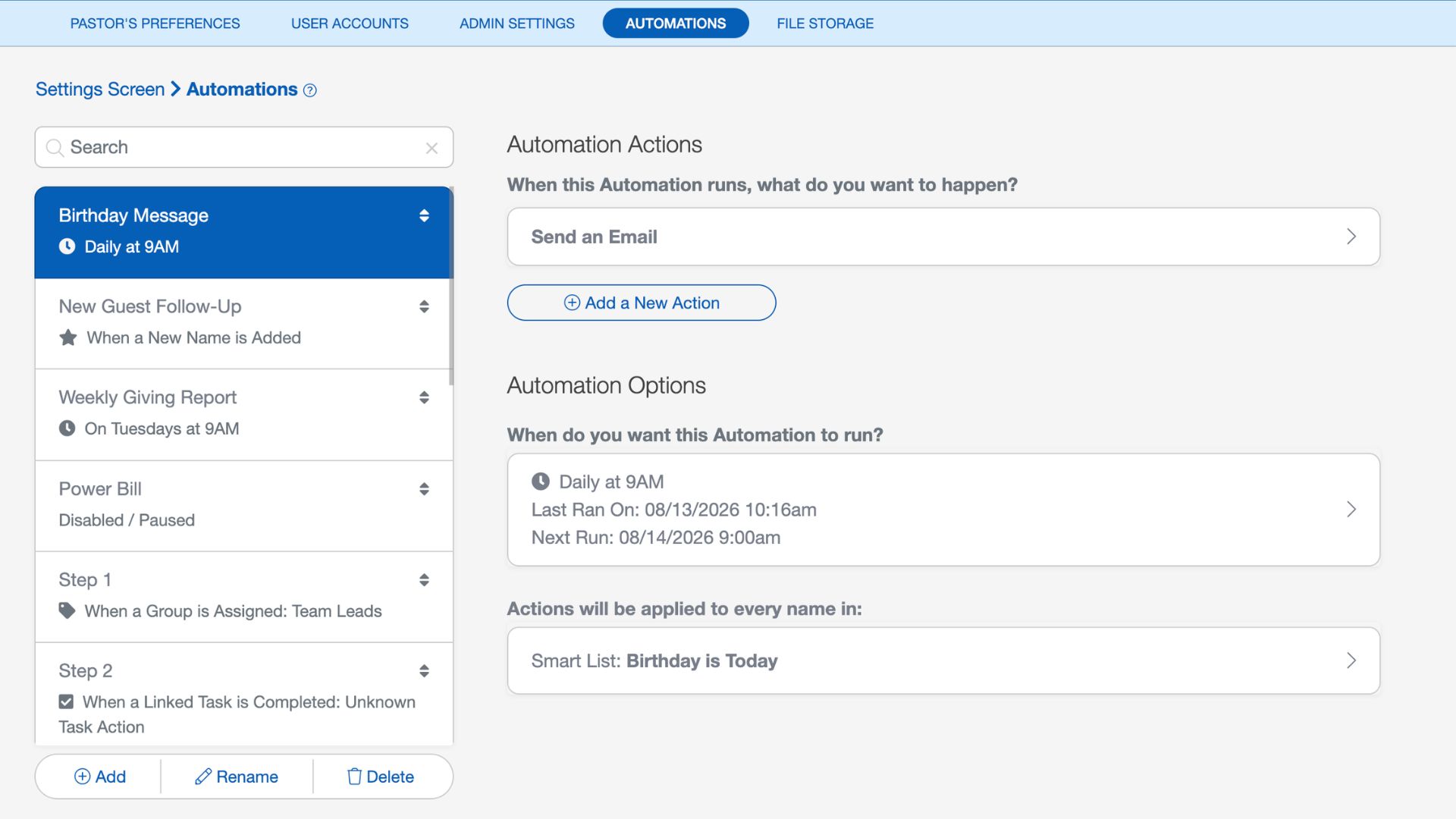 A pastoral care workflow in ChurchTrac showing scheduled touch points