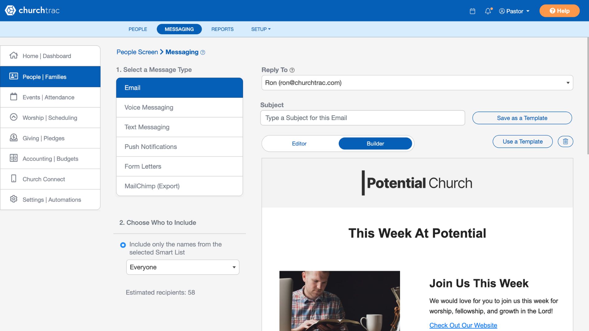 The ChurchTrac email builder with a church newsletter open