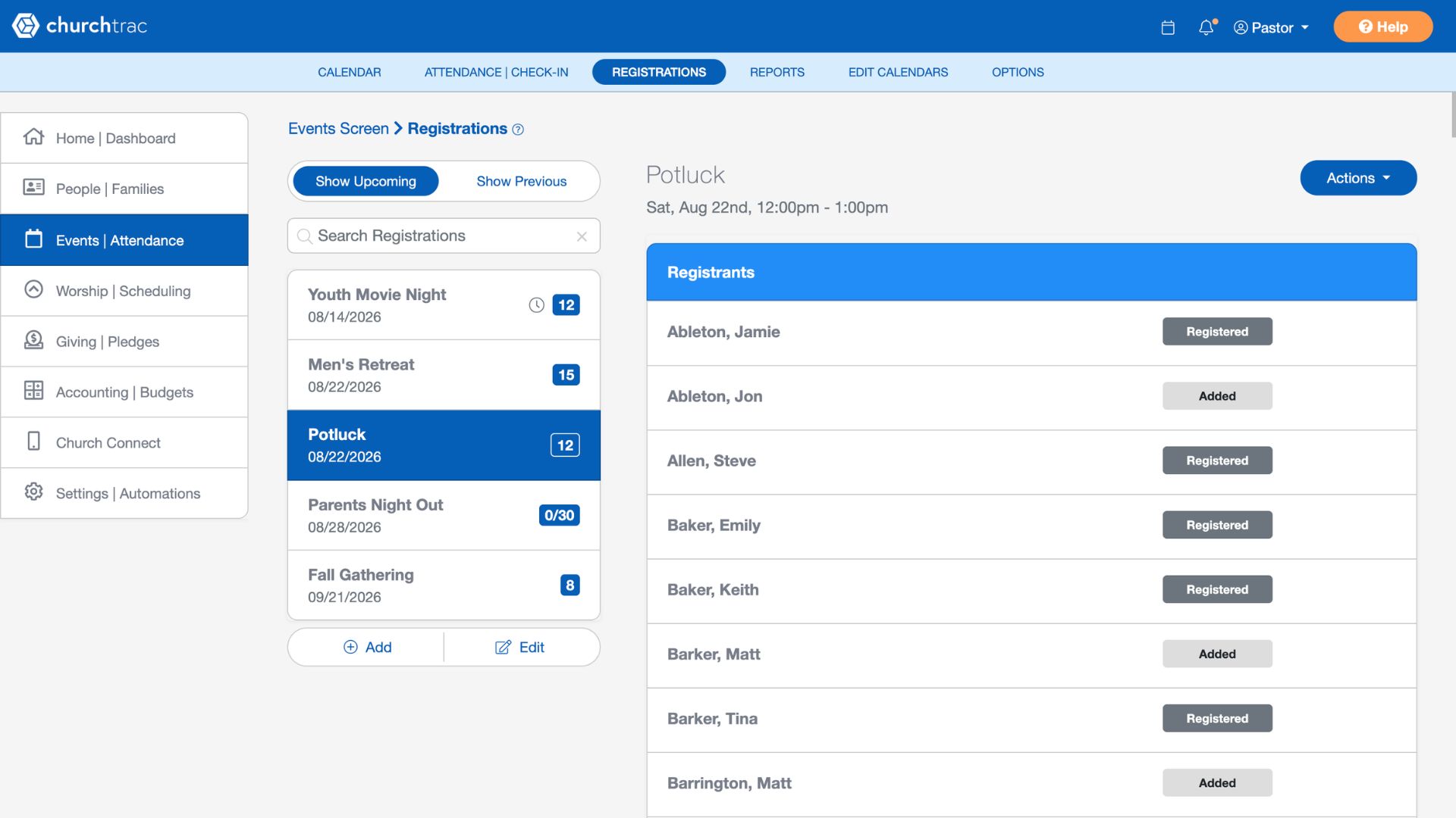 A church event signup form and its registration card in ChurchTrac