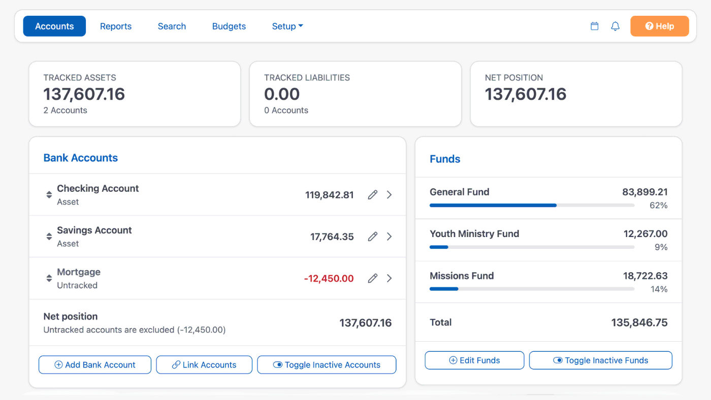 A list of designated church funds and their balances in ChurchTrac
