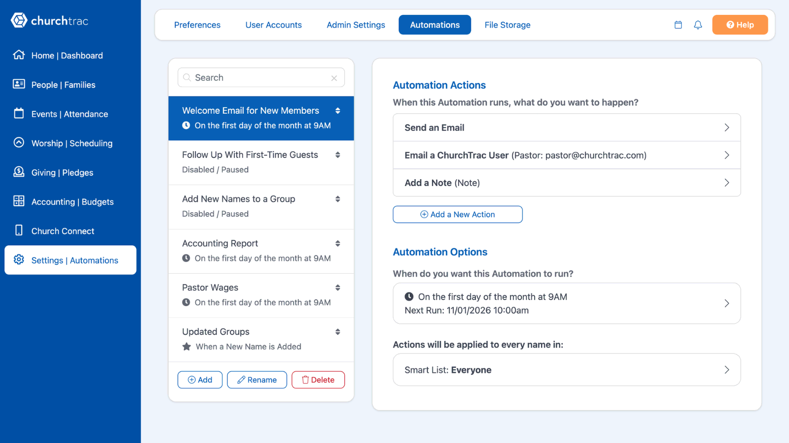 A guest follow-up automation sequence in ChurchTrac