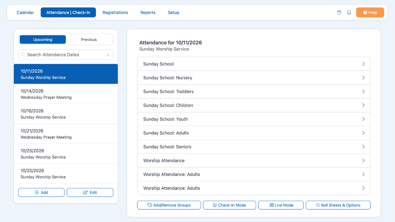 An attendance trend report for a children's ministry in ChurchTrac