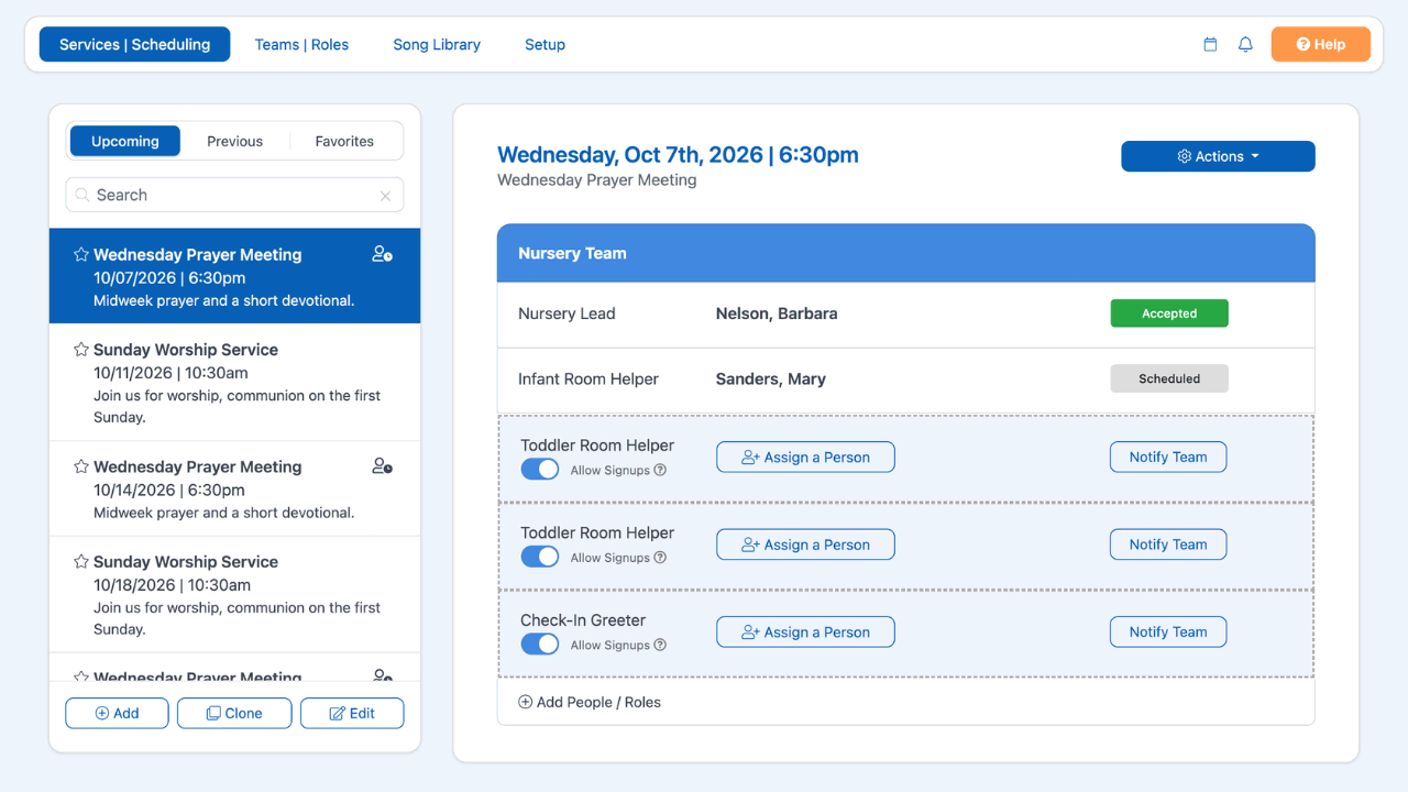 A nursery worker schedule with volunteer assignments in ChurchTrac