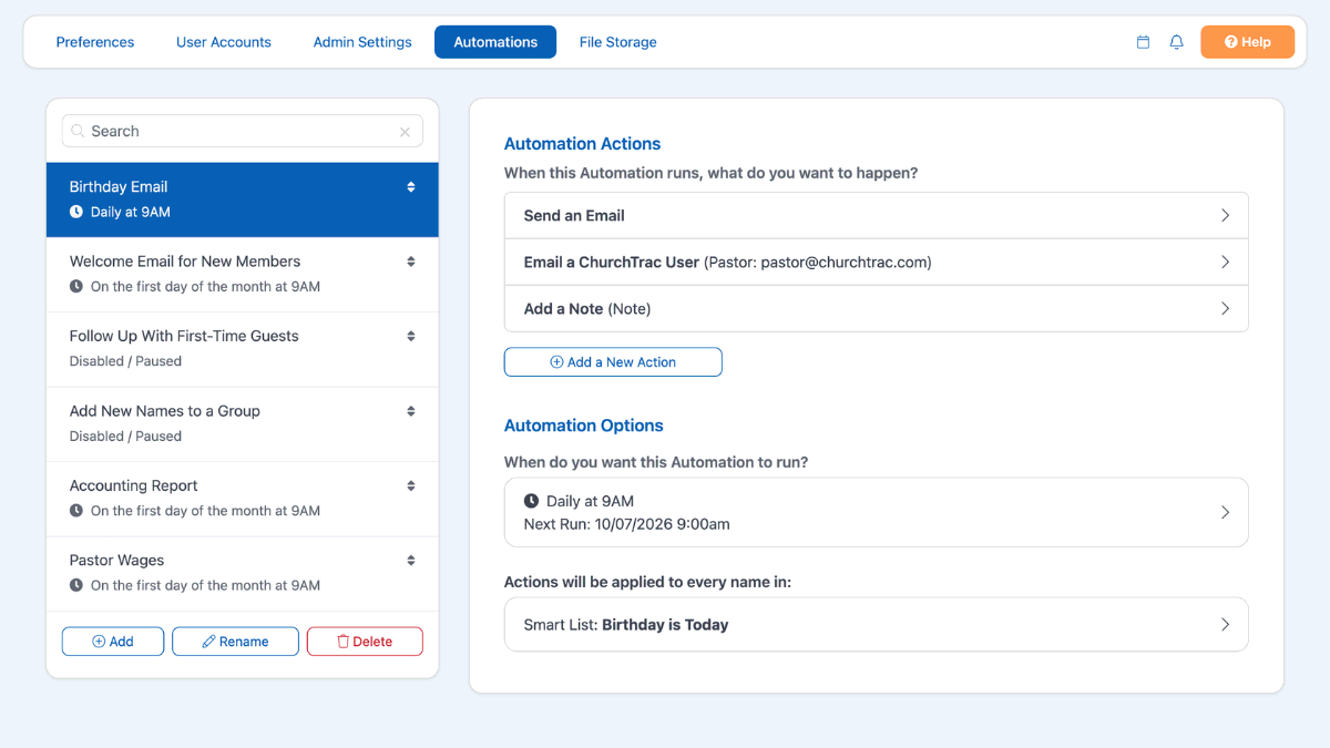 An automated church email with its trigger configured in ChurchTrac