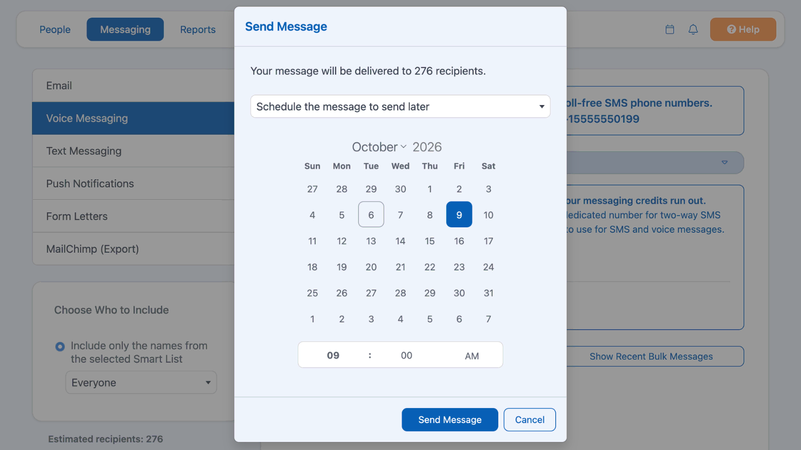 Scheduling a church voice message for a later date and time
