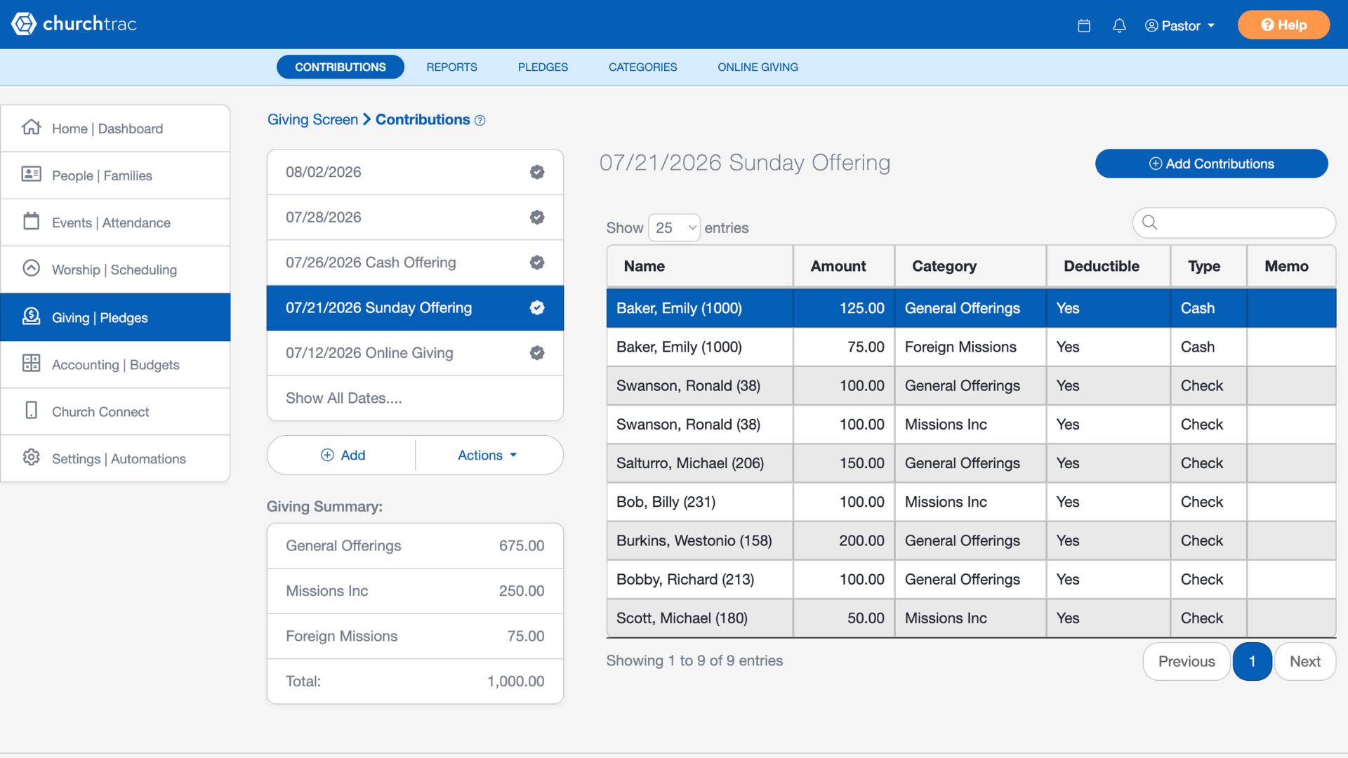 The ChurchTrac giving screen showing recent donations and giving categories