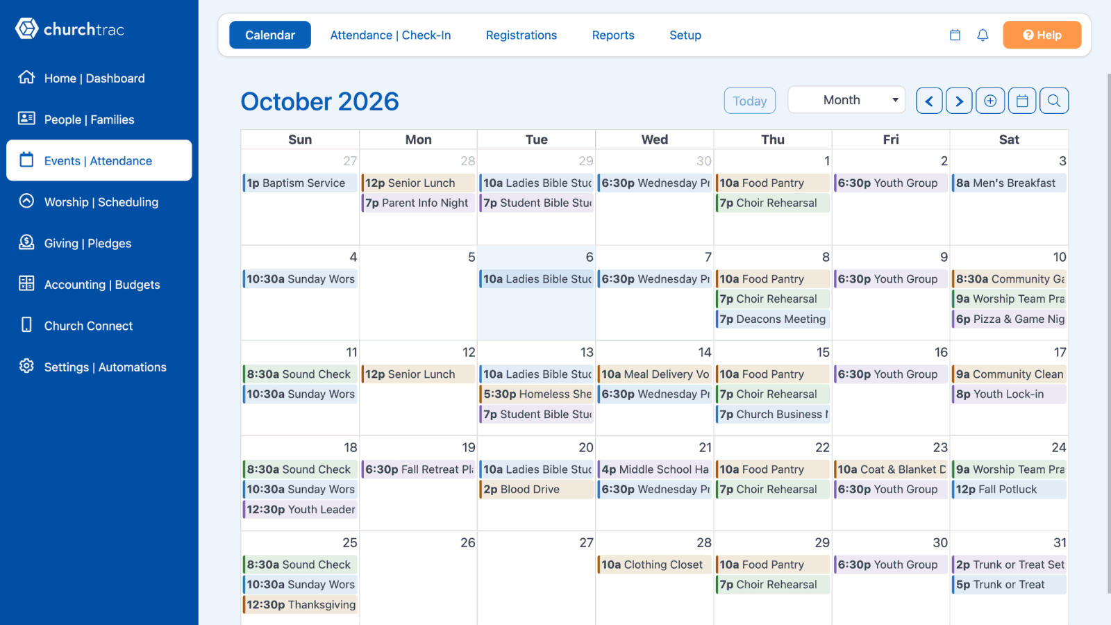 The ChurchTrac church calendar in month view with several ministry calendars layered