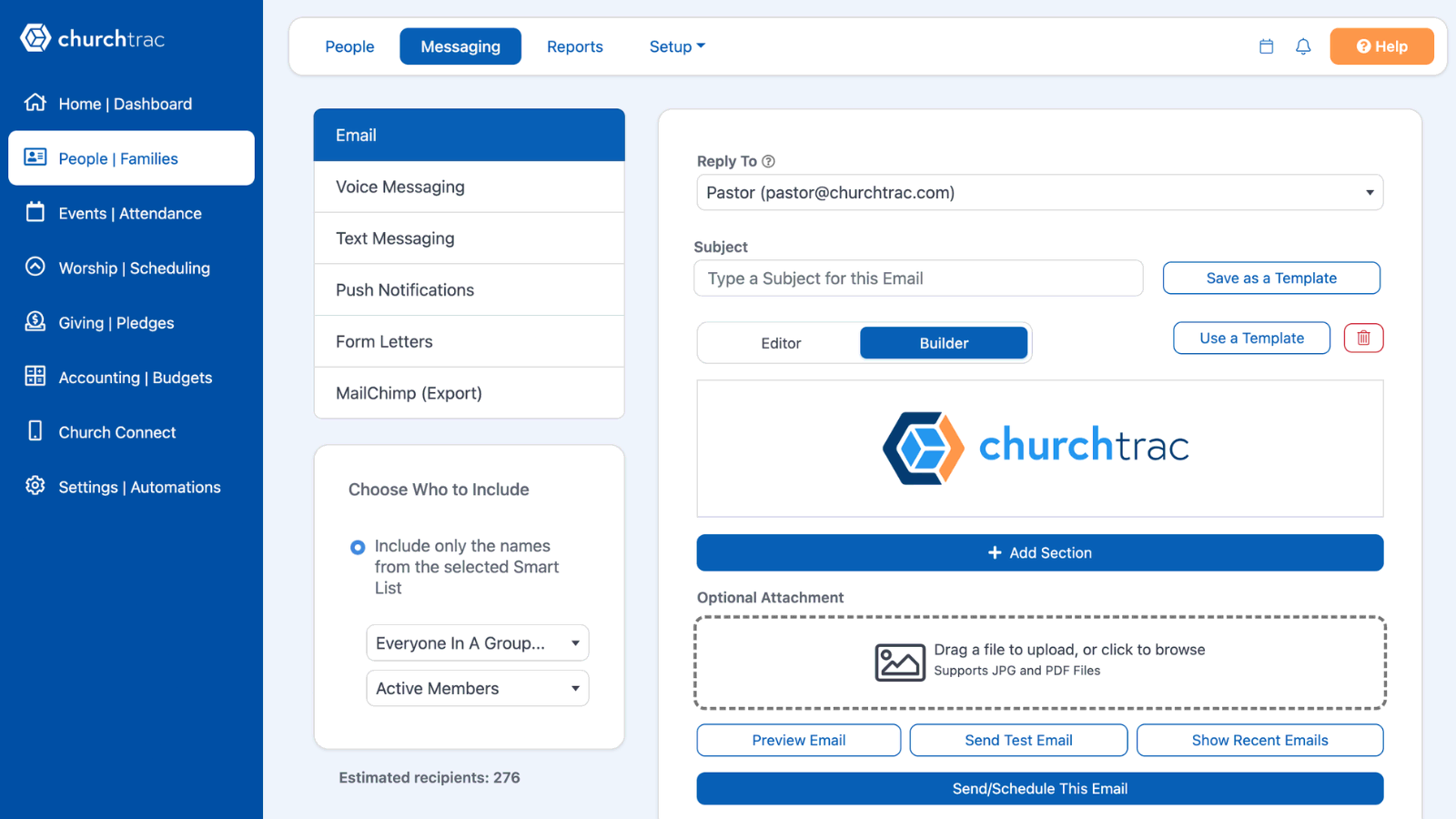 The ChurchTrac email builder with a church newsletter open
